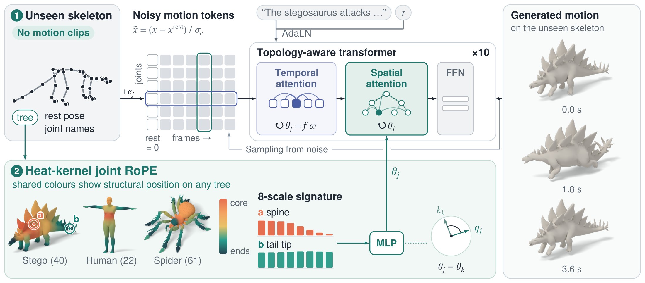 TopX overview: the skeleton file gives every joint a feature; motion tokens, one per joint and frame, pass through ten blocks of temporal attention, spatial attention with heat-kernel joint RoPE, and an FFN; sampling from noise yields motion on the unseen skeleton.